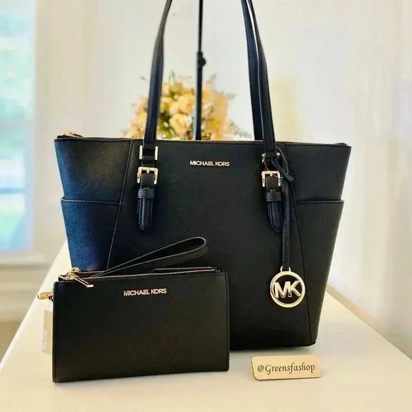 Michael Kors Purse & wallet Charlotte Top Zip Tote shoulder bag black new - Picture 1 of 12